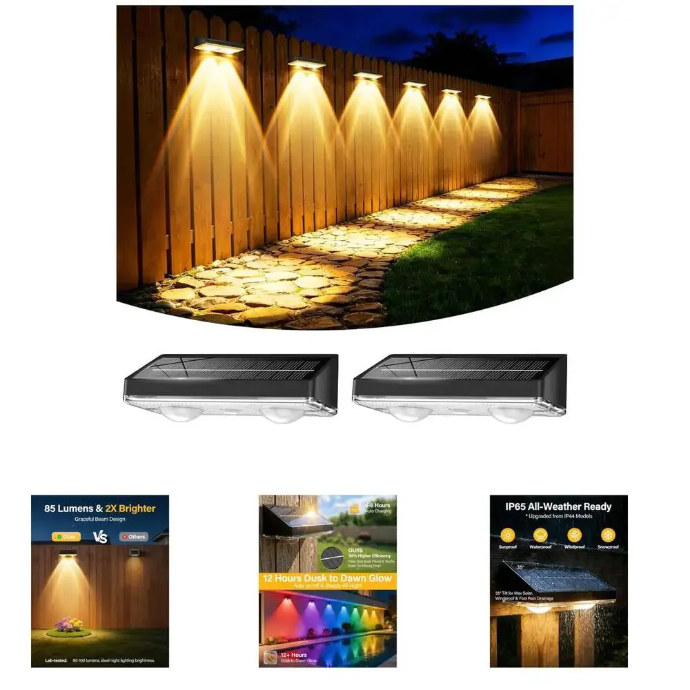 Solar Fence Lights Outdoor 85LM 2 Pack RGB Color Modes Waterproof Dusk to Dawn